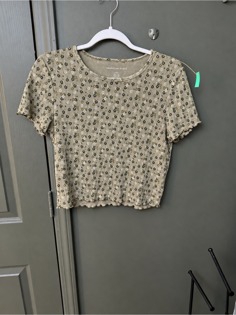 American Eagle Outfitters Olive Floral Ribbed Crop Tee
